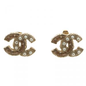 Pre Owned Chanel CC Faux Pearl Gold Tone Stud Earrings