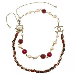 مملوكة مسبقًا Chanel Red Beads Faux Pearls Gold-Tone Necklace