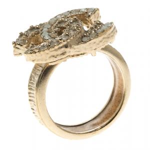 Pre Owned Chanel CC Enamel Crystals Gold Tone Ring Size 54.5