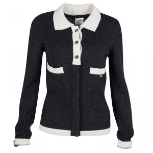 Chanel Grey Cashmere Contrast Trim Collared Cardigan S
