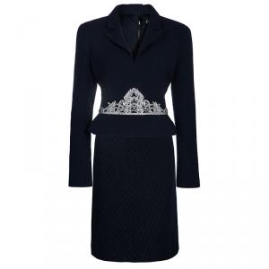 Pre Owned Chanel Midnight Blue Embellished Top And Tweed Skirt Set L