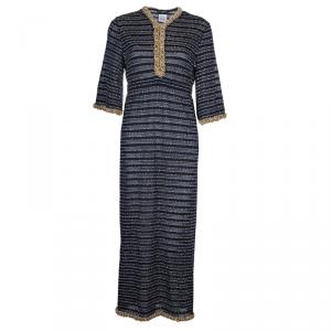 Chanel Blue Lurex Knit Beaded Edging Detail Bell Sleeve Maxi Dress S