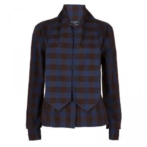 Chanel Brown and Blue Checked Cordurory Neck Tie Detail Long Sleeve Shirt M