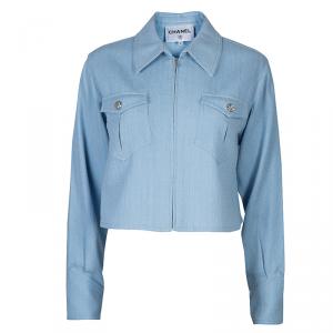 Chanel Powder Blue Textured Cotton Cropped Jacket M