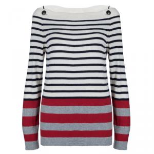 Pre Owned Chanel Multicolor Striped Off-Shoulder Cashmere Sweater M