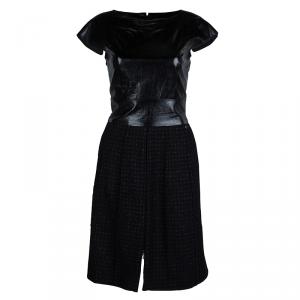 Pre Owned Chanel Black Leather Combo Wool Dress S