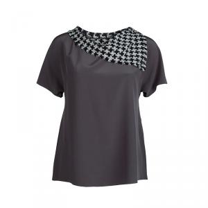Chanel Grey Silk Houndstooth Collar Detail Short Sleeve Blouse M