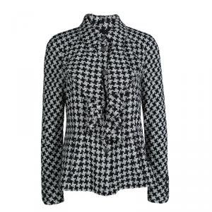 Chanel Monochrome Houndstooth Ruffle Detail Textured Jacket L
