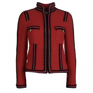 Pre Owned Chanel Red Contrast Trim Wool Jacket S
