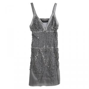 Chanel Grey Monochrome Textured Applique Detail Sleeveless Dress S