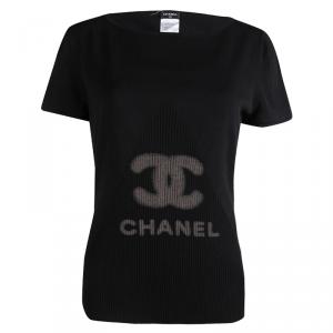 Chanel Black Rib Knit Logo Print Top L
