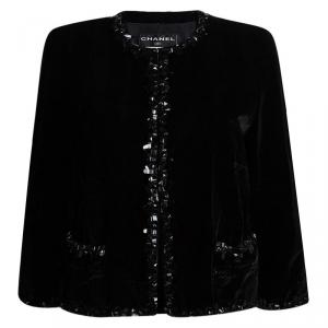 مملوكة مسبقًا Chanel Black Velvet Trim Embellished Boucle Jacket XXL