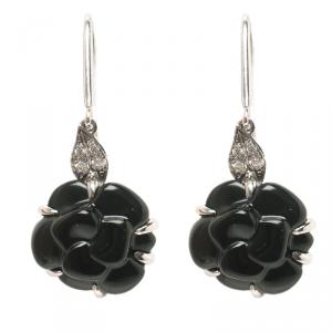 Chanel Camelia Onyx Sculpte Diamond 18k White Gold Hook Earrings