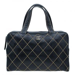 Pre Owned Chanel Black Leather Wild Stitch Bowling Bag