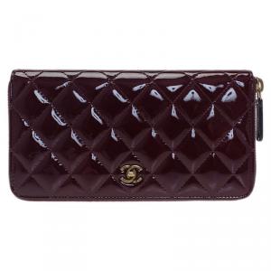 Chanel Burgundy Quilted Patent Leather Zip Around Wallet 