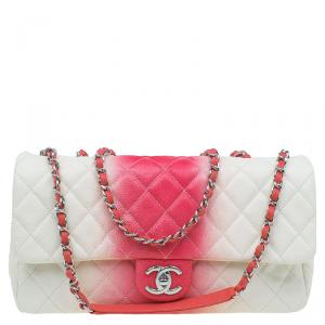 Pre Owned Chanel White/Red Quilted Caviar Leather Jumbo Ombre Single Flap Bag