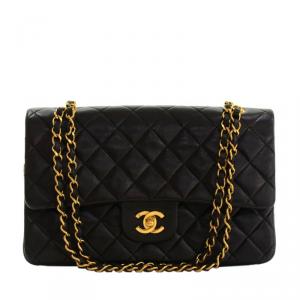 Pre Owned Chanel Black Lambskin Quilted Small Double Flap Shoulder Bag