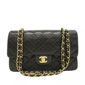 Pre Owned Chanel Black Quilted Lambskin Leather Medium Classic Double Flap Shoulder Bag