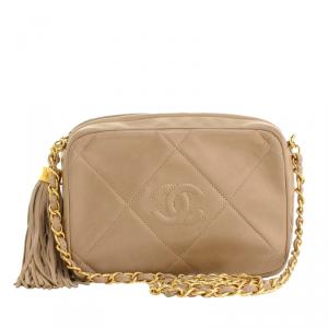 Pre Owned Chanel Vintage Beige Stitched Leather Small Tassel Shoulder Bag