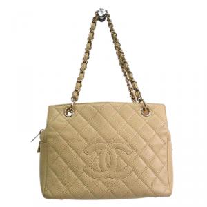Pre Owned Chanel Beige Quilted Caviar Leather Petite Timeless Tote