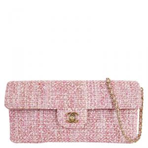 Pre Owned Chanel Pink Tweed Small Classic Flap Shoulder Bag