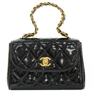Pre Owned Chanel Black Quilted Patent Leather Mini Party Top Handle Bag
