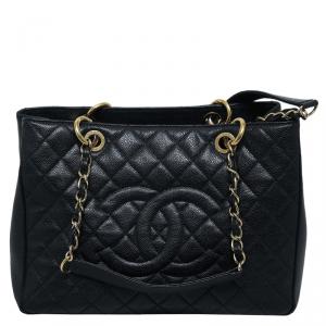 مملوكة مسبقًا Chanel Black Quilted Caviar Grand Shopping Tote