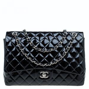 Pre Owned Chanel Black Quilted Patent Leather Maxi Classic Single Flap Bag