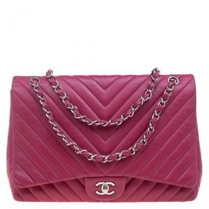 Pre Owned Chanel Rouge Chevron Quilted Lambskin Maxi Classic Flap Bag