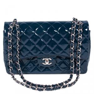 مملوكة مسبقًا Chanel Dark Blue Quilted Patent Leather Jumbo Classic Double Flap Bag