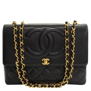 Pre Owned Chanel Vintage Black Lambskin Quilted Maxi Jumbo Flap Bag