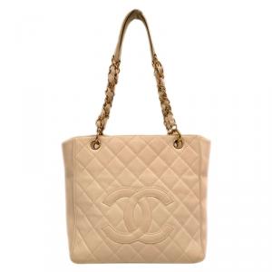 Pre Owned Chanel Beige Quilted Caviar Leather Petite Shopping Tote