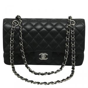 Pre Owned Chanel Black Quilted Caviar Classic Medium Single Flap Bag
