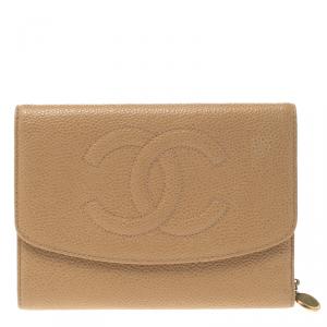 Chanel Cream Caviar Leather CC Logo Trifold Wallet