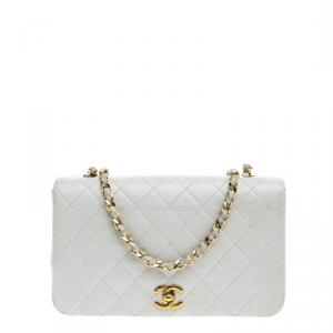 Pre Owned Chanel White Quilted Leather Vintage Full Flap Bag