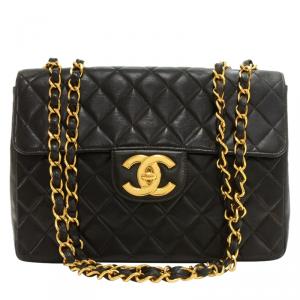 Pre Owned Chanel Black Quilted Lambskin Jumbo Classic Flap Bag