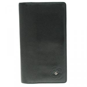 Chanel Dark Grey Leather Camellia Long Wallet