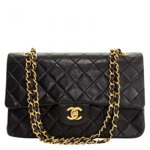 Pre Owned Chanel Black Quilted Lambskin Medium Vintage Double Flap Bag