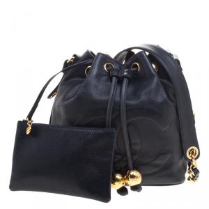Pre Owned Chanel Black Caviar Leather Vintage CC Drawstring Bucket Bag
