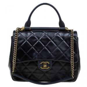 Pre Owned Chanel Black Quilted Leather Small Flap Top Handle Bag