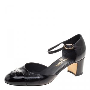 Pre Owned حذاء كعب عالي شانيل سيور كاحل دورسيه غطاء مقدمة لامع وجلد أسود مقاس 37.5