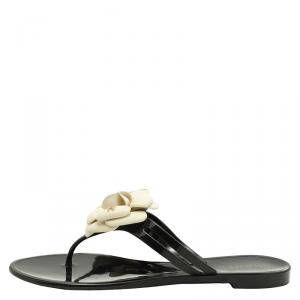 Chanel Black and White Jelly Camellia Thong Sandals Size 38