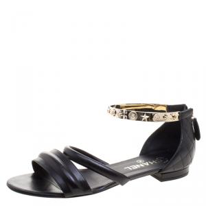 Chanel Black Quilted Leather Charm Embellished Sandals Size 39