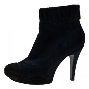 Chanel Navy Blue Suede CC Cap Toe Ankle Boots Size 39
