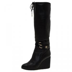 Chanel Black Leather Buckle Detail Wedge Tall Boots Size 37