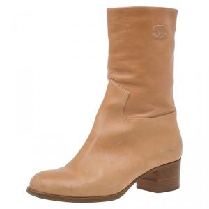 Chanel Tan Leather Mid Calf Boots Size 38.5 