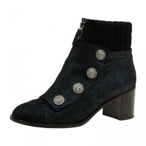 Chanel Black and Navy Suede Button Detail Ankle Booties Size 39