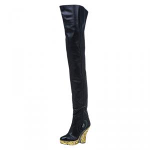 Chanel Black Leather Baroque Style Tall Boots Size 38