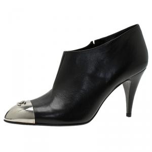 Chanel Black Leather CC Logo Metal Cap Toe Booties Size 38