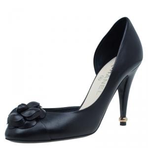 Pre Owned Chanel Black Leather Camellia D'orsay Pumps Size 39